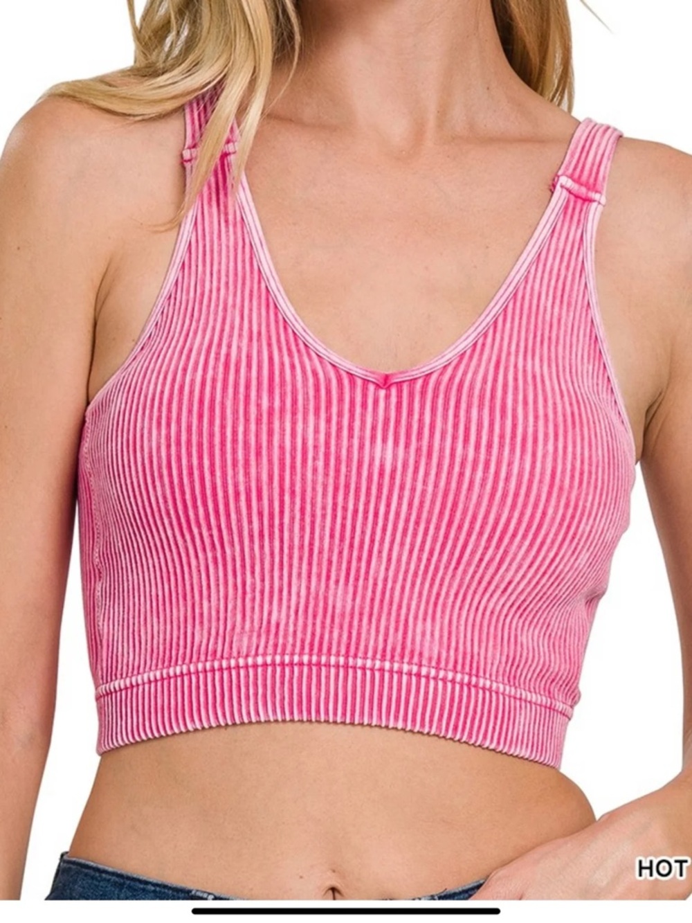 Washed Ribbed Cropped Bra Padded V-neck Tank Top S/M